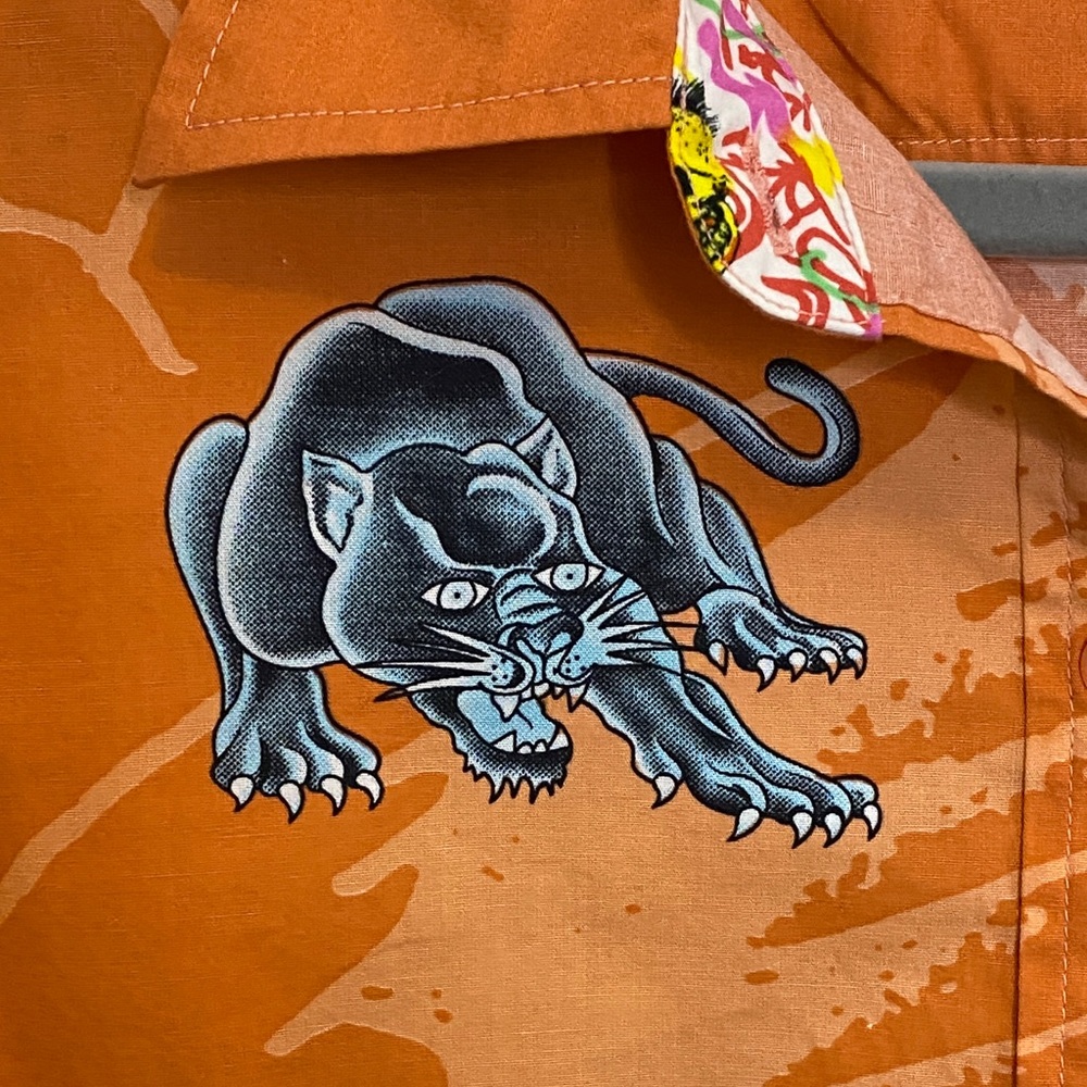 Ed Hardy Orange Tattoo Graphic Button Down Y2K Western Shirt L - Picture 4 of 16